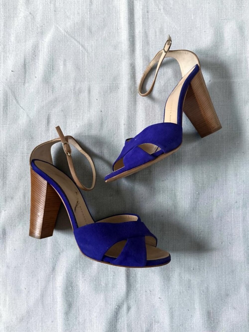 GIUSEPPE ZANOTTI Blue Suede Tan Ankle Strap Heels Sandals Size 37.5 / 7.5